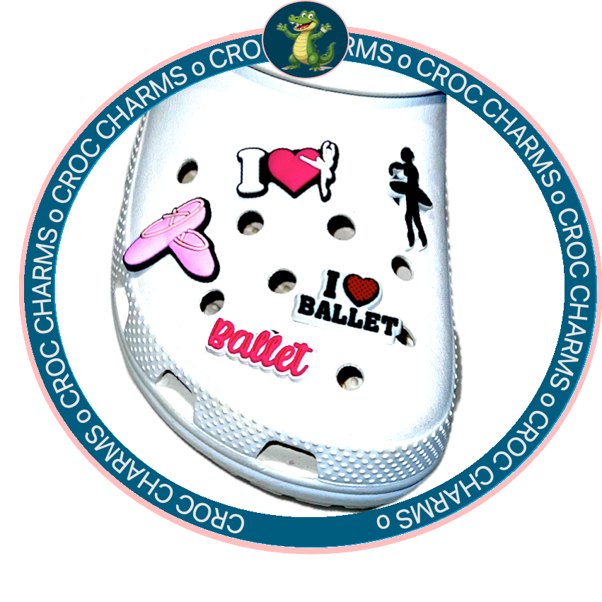 White Croc shoe decorated with various pink and black dance shoe charms including ballet slippers and ballet-themed designs