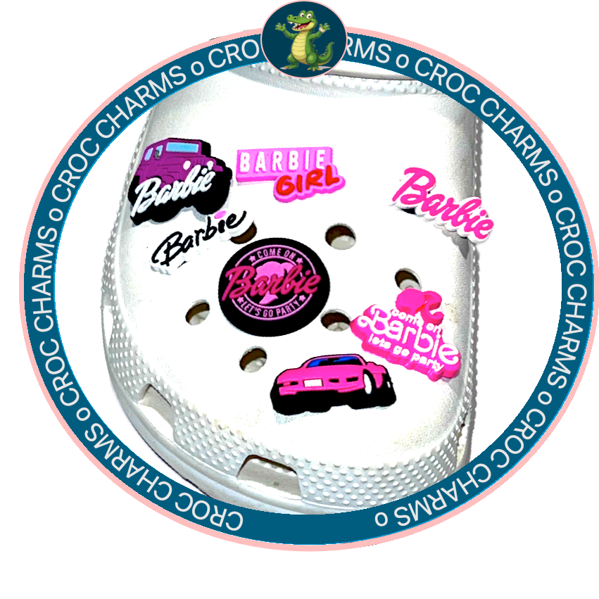 White Crocs decorated with colorful Barbie shoe charms for Crocs featuring various Barbie logos and designs
