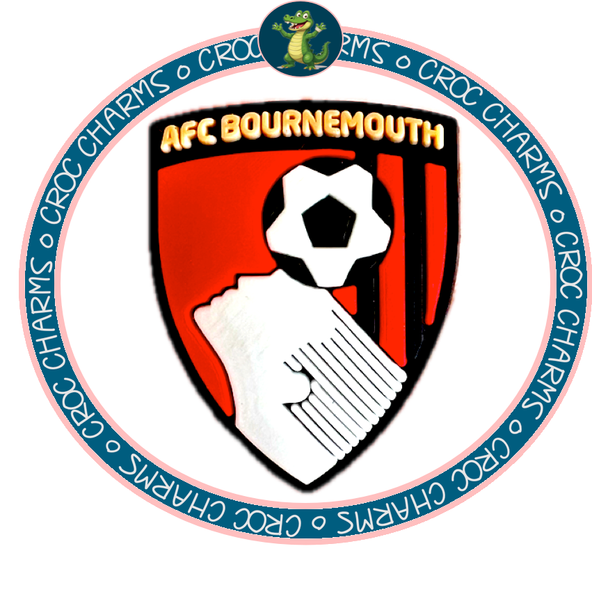 AFC Bournemouth shoe charms featuring the club logo with a soccer ball and striped sock design