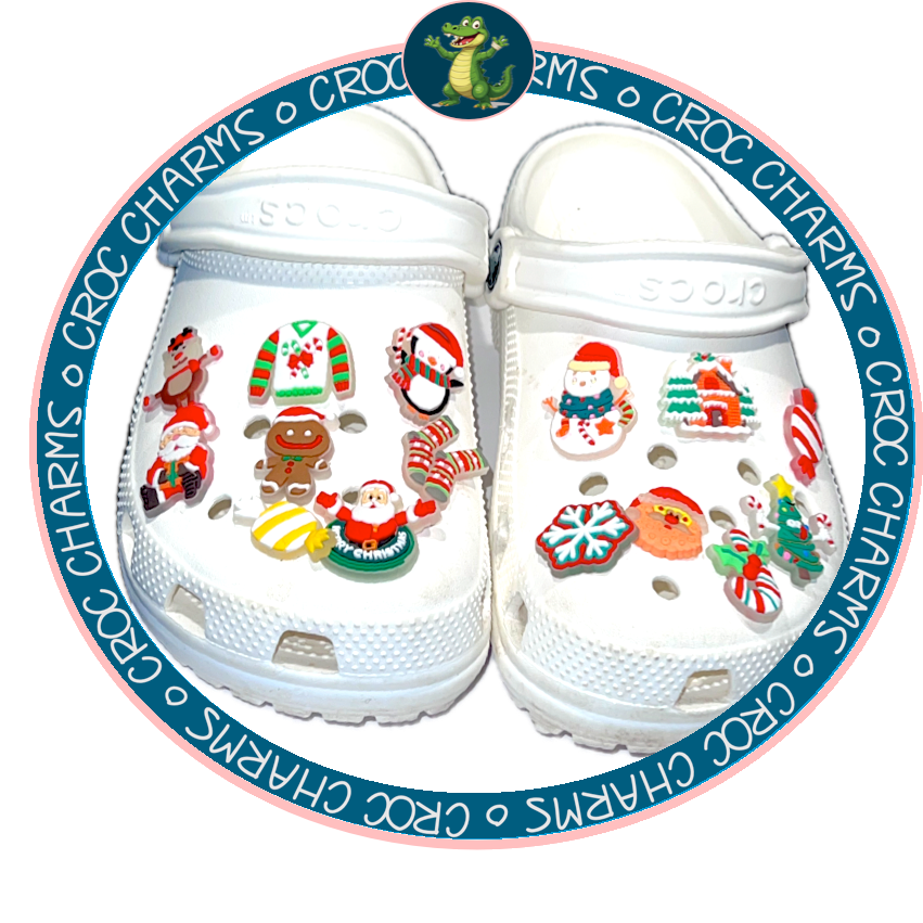 White Crocs decorated with various festive Christmas Croc charms including Santa, gingerbread, and candy cane designs