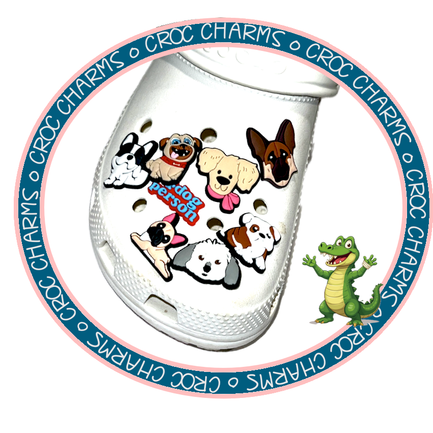White Croc with colorful dog shoe charms featuring various dog breeds and a dog person charm