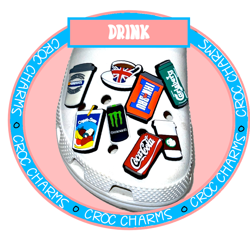 Various drink-themed Croc charms including coffee, soda, energy drinks and beer on a white Croc shoe