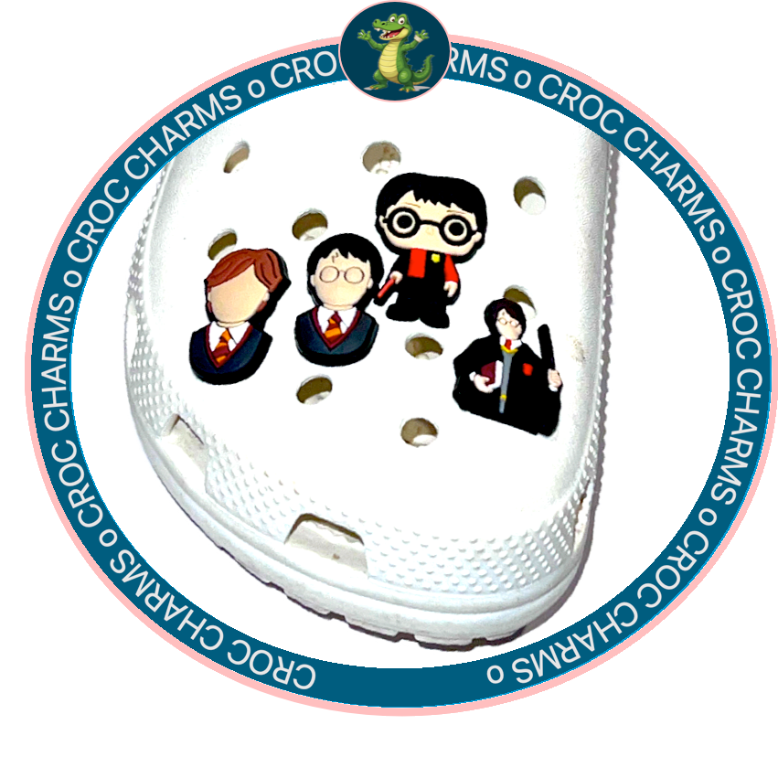 White shoe with four Harry Potter shoe charms featuring Harry, Ron, Hermione, and another character