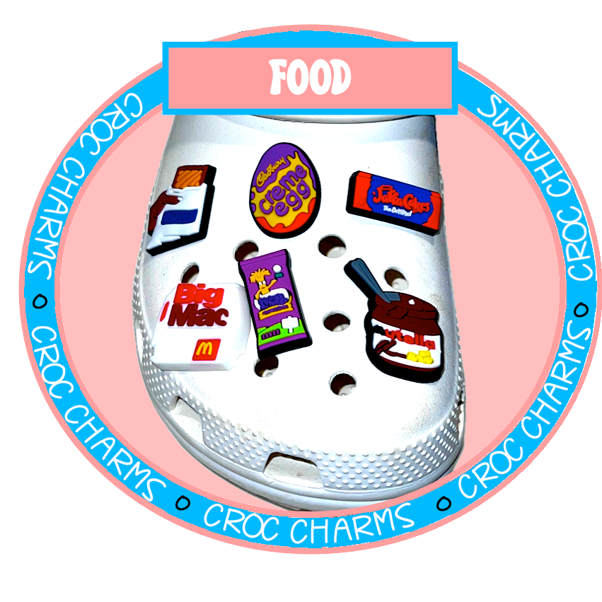 Food shoe charms for Crocs featuring colorful fast food and dessert designs on white Croc