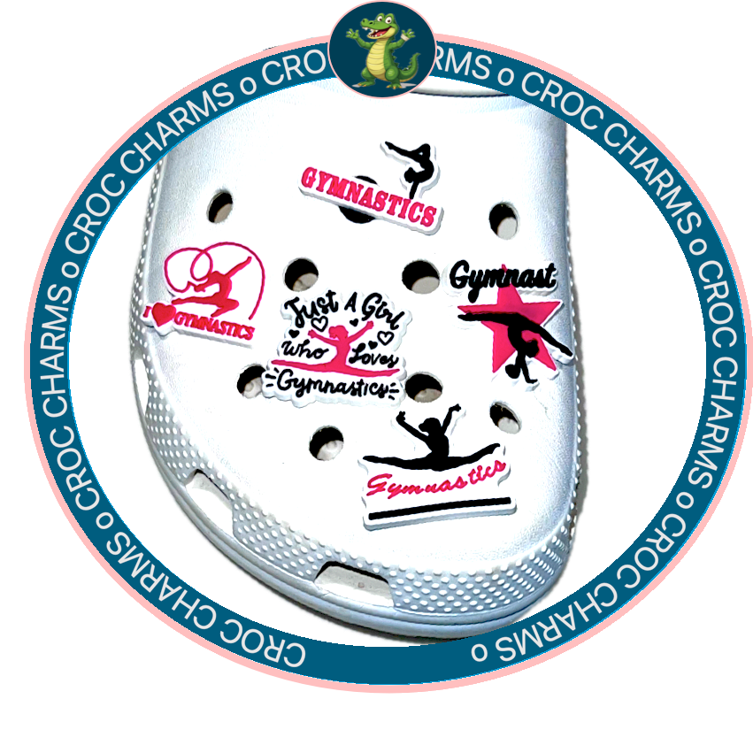 White Croc shoe decorated with various colorful gymnastics shoe charms featuring gymnastic silhouettes and related text