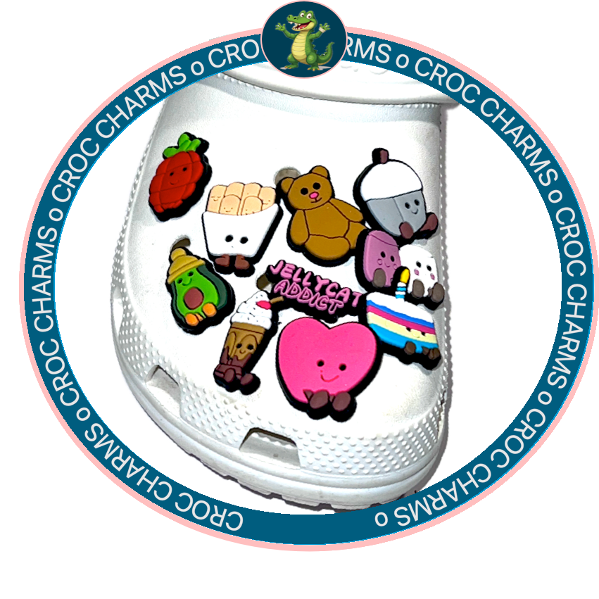 White shoe decorated with various colorful Jellycat shoe charms including teddy bear, ice cream, apple, and fries