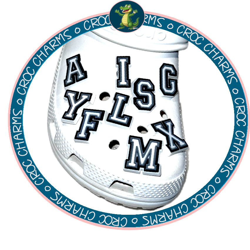 White Crocs decorated with various black and white alphabet charms for Crocs on top