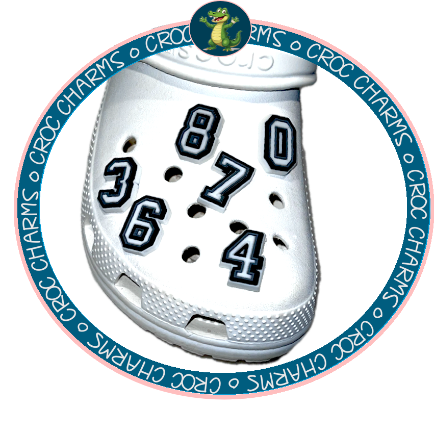 White Crocs shoe decorated with various number shoe charms for Crocs in black and white style