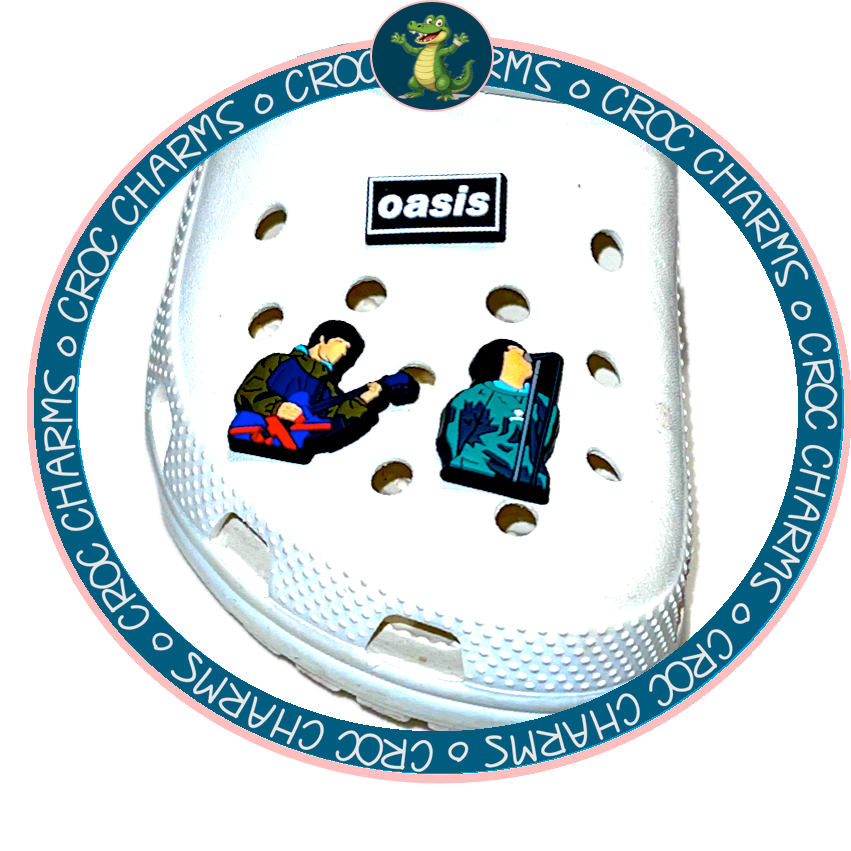 White Croc shoe with colorful Oasis shoe charms featuring cartoon character designs