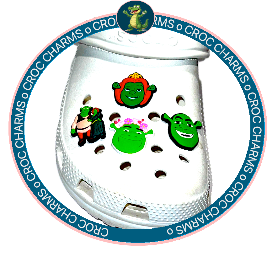 White Croc shoe with various colorful Shrek shoe charms featuring characters from the movie Shrek