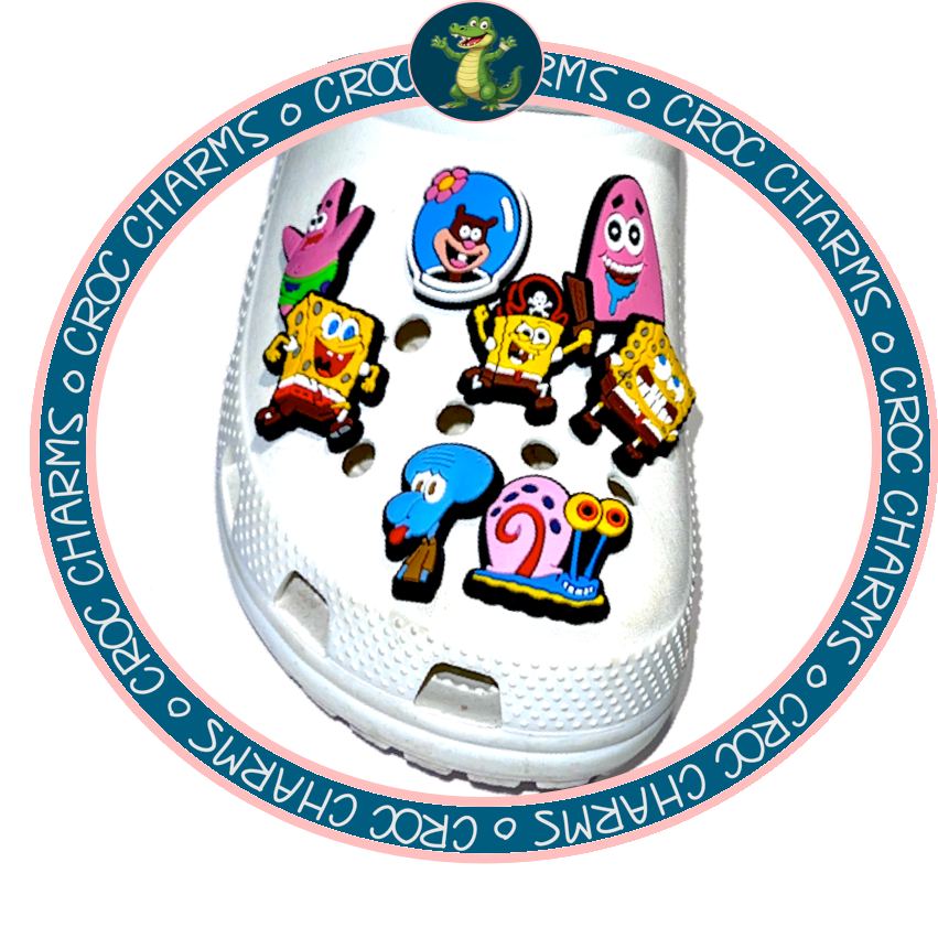 White Croc shoe decorated with various colorful SpongeBob shoe charms featuring Patrick, SpongeBob, Squidward, and Gary