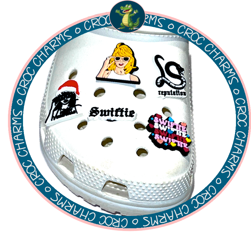 White Croc shoe decorated with colorful Taylor Swift shoe charms including cartoon and text designs