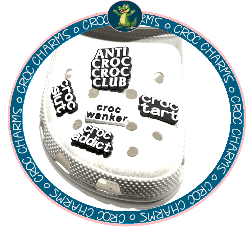 Adult shoe charms with bold black and white text attached to a white croc shoe for over 18s