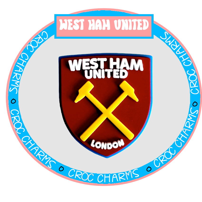 West Ham United Croc Charms featuring the club crest with crossed hammers in yellow on a maroon shield
