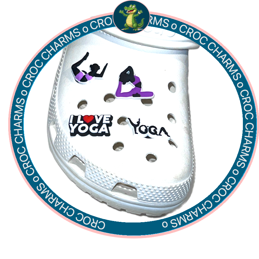 White shoe adorned with purple yoga pose and love yoga shoe charms for Crocs