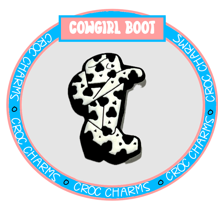 Cowgirl boot shoe charm with black and white cow print from Shoe Charm Heaven Country and Western shoe charms