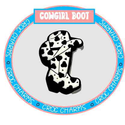 Cowgirl boot shoe charm with black and white cow print from Shoe Charm Heaven Country and Western shoe charms