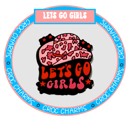 Country and Western shoe charms featuring pink cowboy hats with lets go girls text