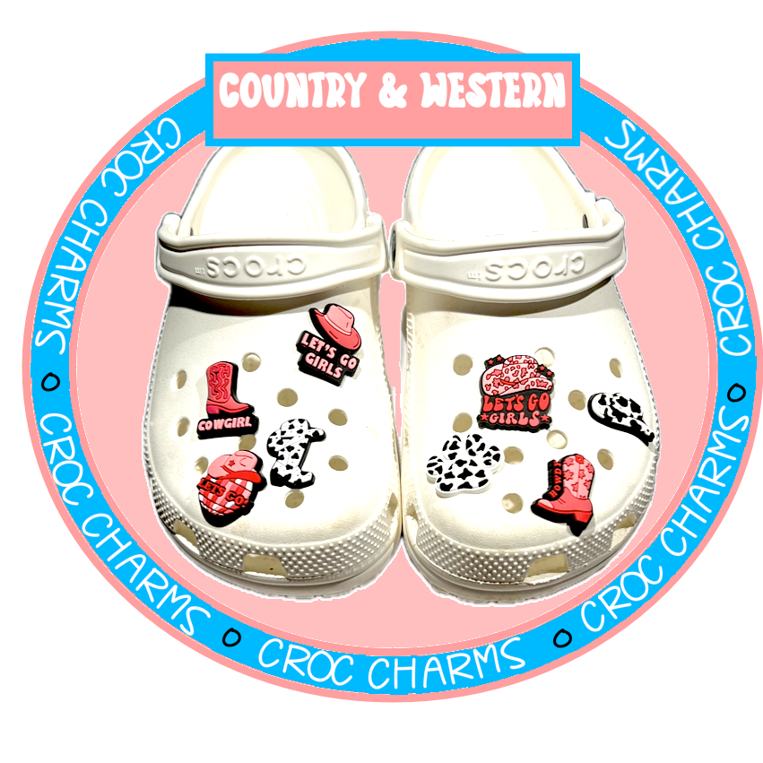 Country and Western shoe charms on white Crocs featuring cowboy boots and western-themed designs
