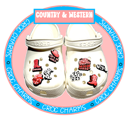 Country and Western shoe charms on white Crocs featuring cowboy boots and western-themed designs
