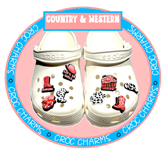 Country and Western shoe charms on white Crocs featuring cowboy boots and western-themed designs